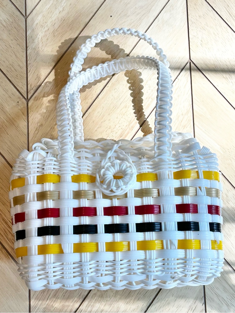White Woven Handbag Yellow Red Black Accents Tote Boho Summer Purse